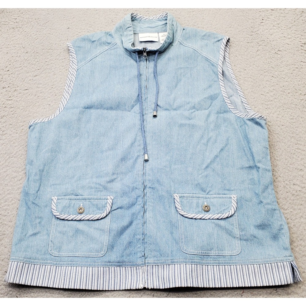 Alfred Dunner Denim Vest Womens 14 Blue Sleeveless Tie Mock Neck Full Zip‎